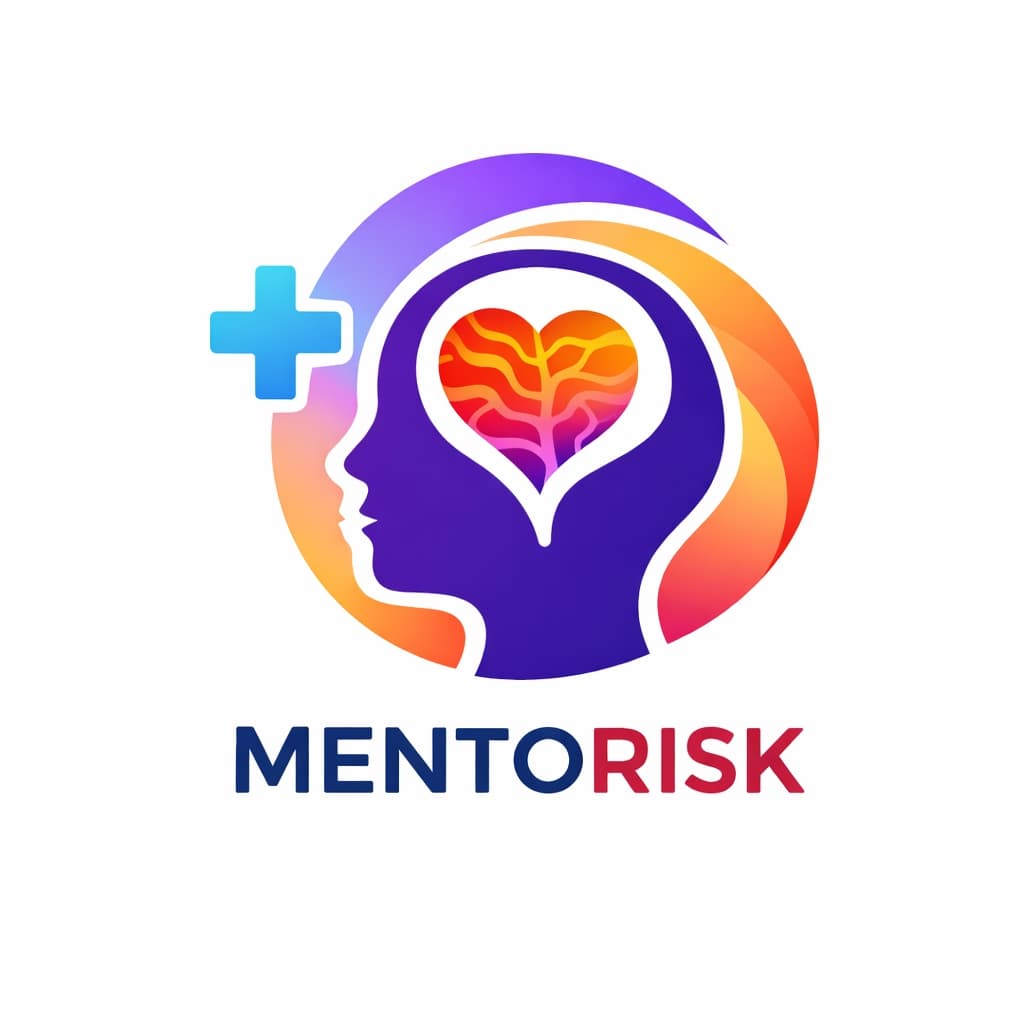 Logotipo Mentorisk apresentando perfil humano, coração com padrões cerebrais, cruz médica e cores vibrantes.